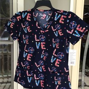 LOVE PEACE hippie Scrub Top NWT - Womens Size XSmall Navy Blue Zinnia Stretch.